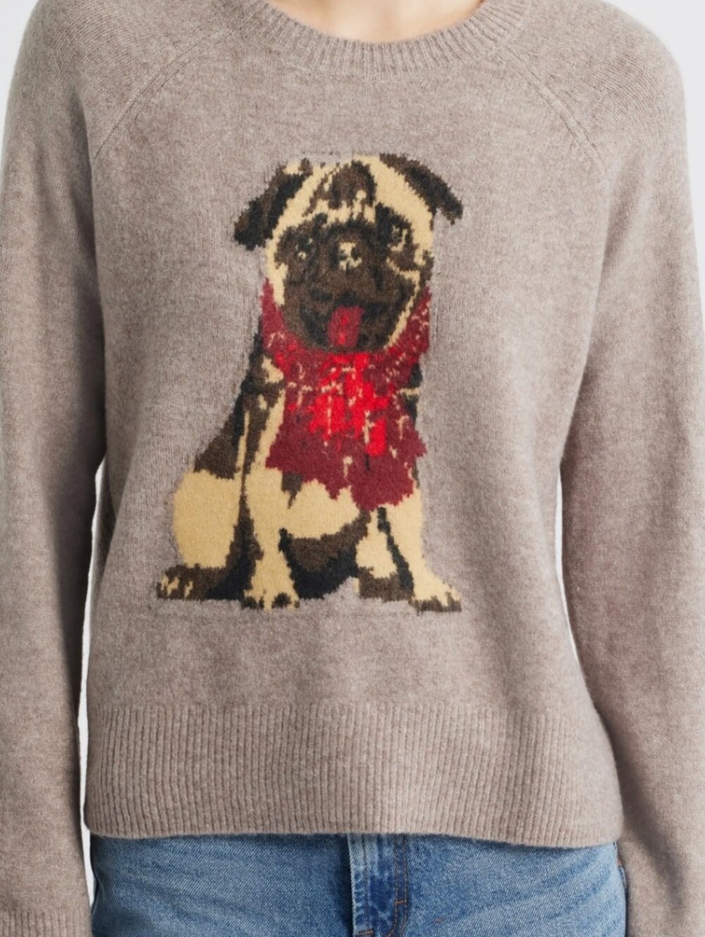 WOMEN Sweater - Taupe Pug Intarsia Crewneck Sweater